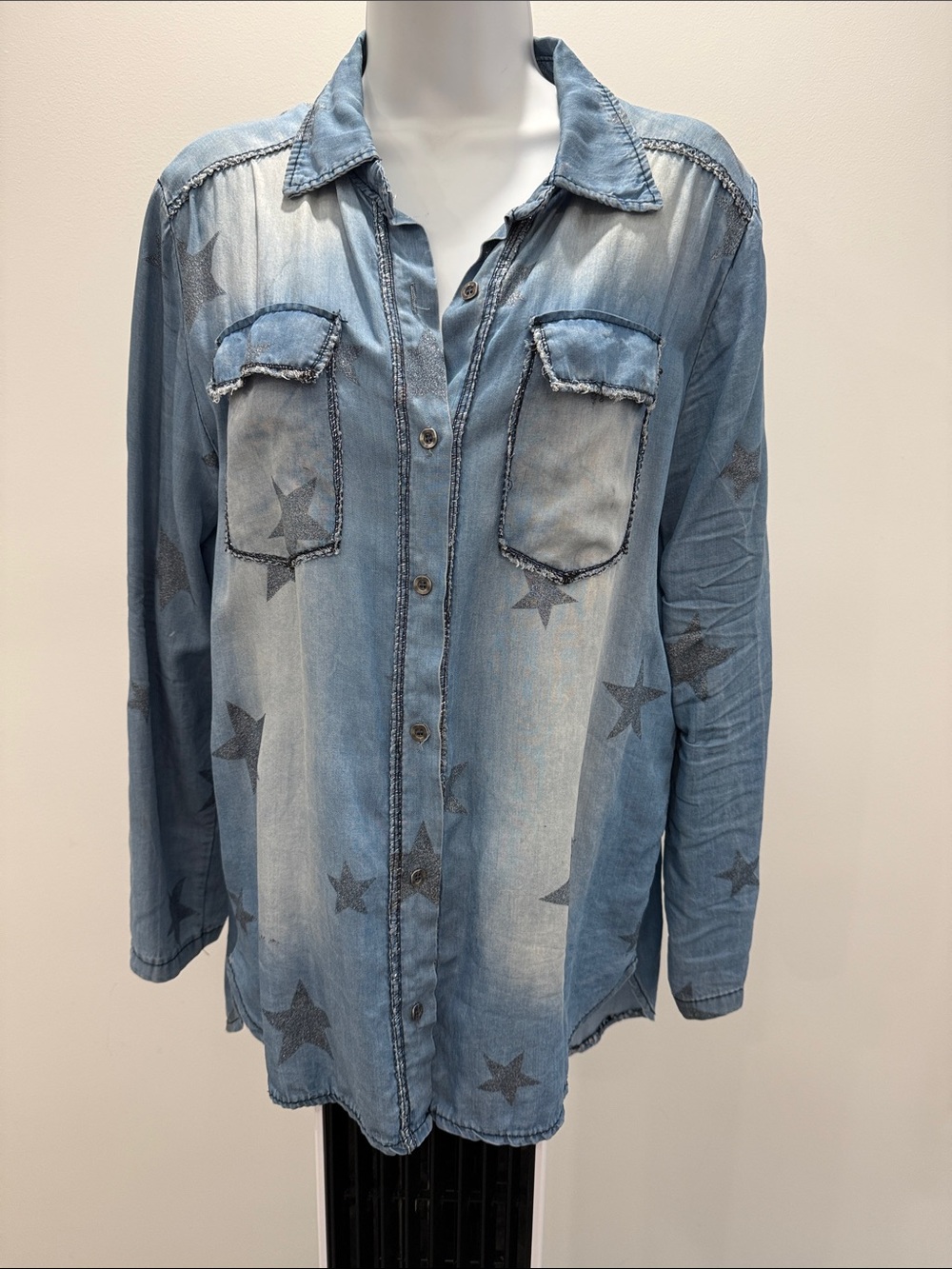 Light Blue Star-Print Denim Button-Down Shirt